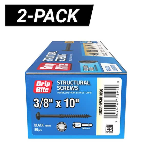 2-Pack 3/8 in. x 10 in. Hex Drive Hex Head Structural Screws 50-Per Box/100-Piece