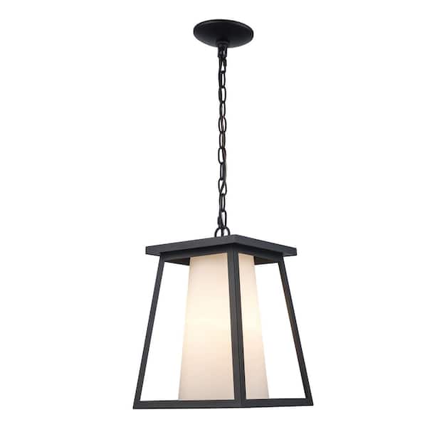 Home Decorators Collection Cardston 14 in. 1-Light Black Hanging Outdoor Pendant Light Fixture with White Opal Glass
