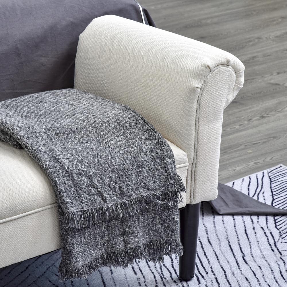 Cream White Linen Upholstered Ottoman Bench with Armrests