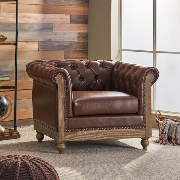 Dark Brown Classic Chesterfield Club Chair Deep Button-Tufted Arm Chair with Nailhead Trim and Scrolled Tuxedo Arms