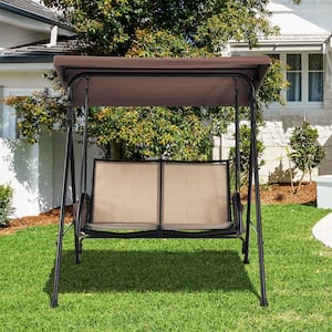 2-Seat Patio Porch Swing with Adjustable Canopy Storage Pockets in Brown