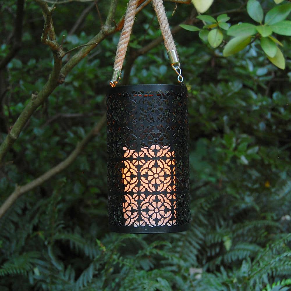 Black Jacquard Metal Hanging Tabletop Lantern with LED Candle