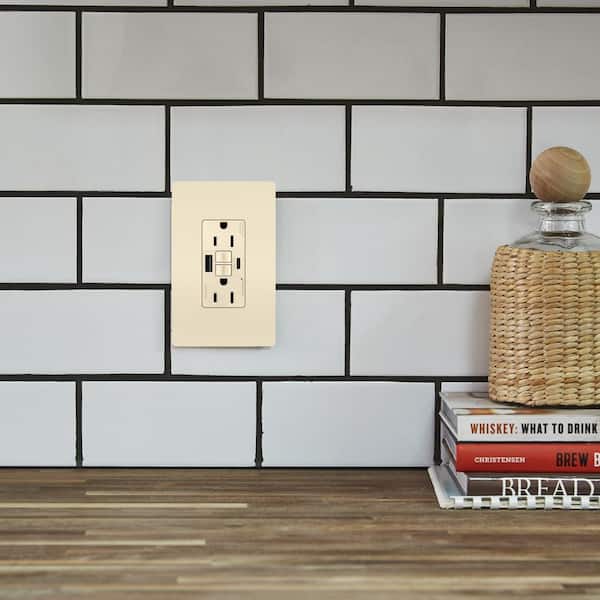 radiant 15 Amp 125-Volt Tamper Resistant GFCI Residential/Commercial Decorator Duplex Outlet with A/C USB, Light Almond