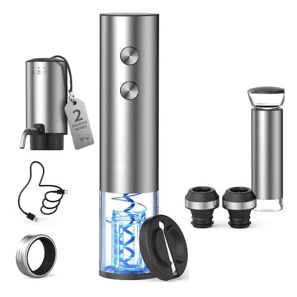 Stainless Steel Silver Electric Wine Opener Set with Aerator Pourer, Foil Cutter, Drip Ring, Vacuum Pump, 2 Stoppers