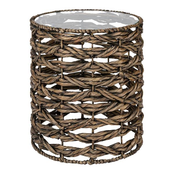 Malaya 16 in. Bohemian Coastal Handwoven Water Hyacinth Open Weave Round End Table with Glass Top, Brown