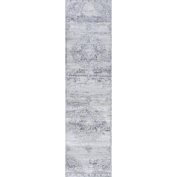 Modern Persian Vintage Medallion Light Gray/Ivory 2 ft. x 10 ft. Runner Rug