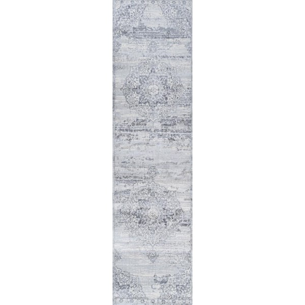 Modern Persian Vintage Medallion Light Gray/Ivory 2 ft. x 8 ft. Runner Rug
