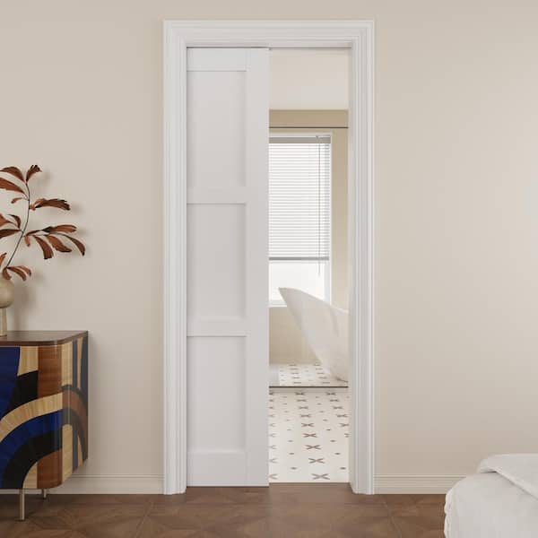 30 in. x 80 in. 3-Paneled White Primed Solid Core Wood Door Slab w/ Pocket Door Frame and Hardware (Soft Close Included)