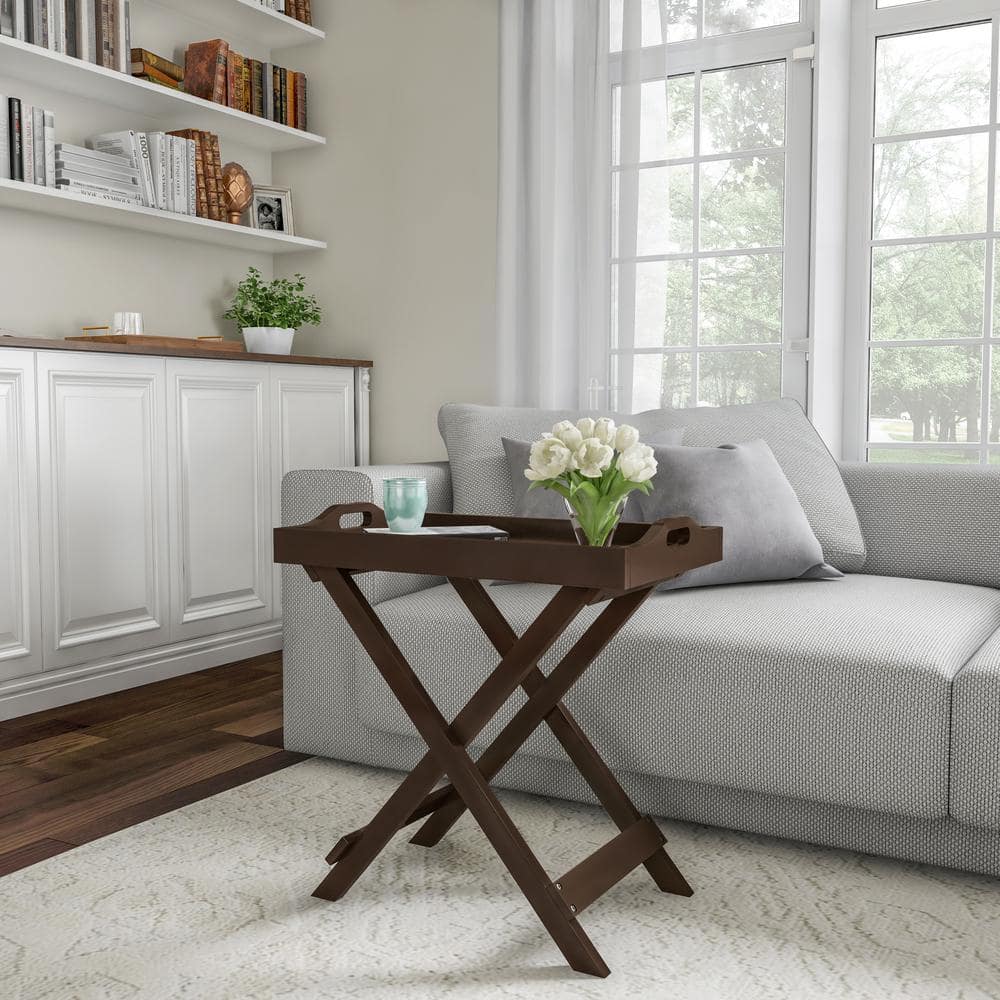 Brown MDF Wood Folding End Table with Removable Tray Top