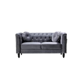 Vivian 64.17 in. Gray Classic Velvet 2-Seats Chesterfield Loveseat with Nailheads