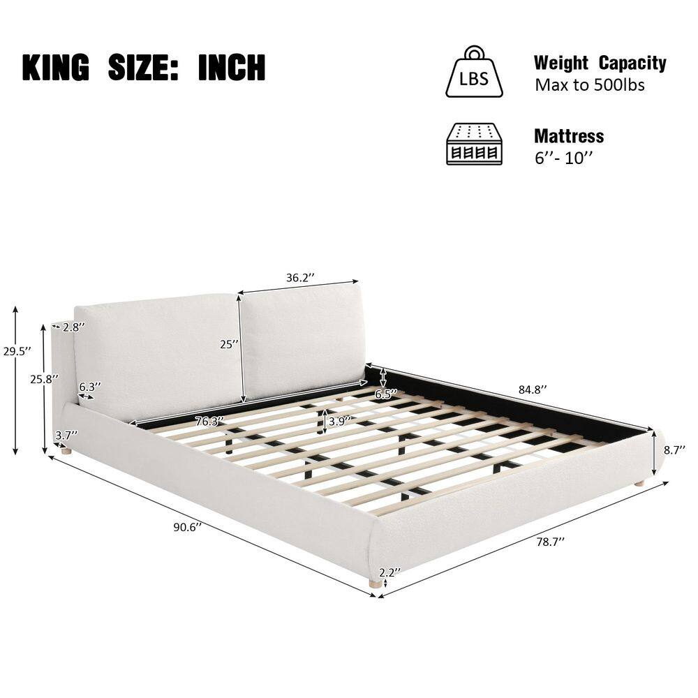 White Wood Frame King Size Boucle Fabric Upholstered Platform Bed with 2-Removable Pillow Headboard - thumbnail 3