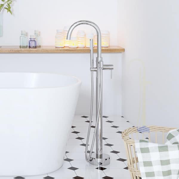 Athena Single-Handle Floor-Mounted Roman Tub Faucet with Hand Shower in Brushed Nickel