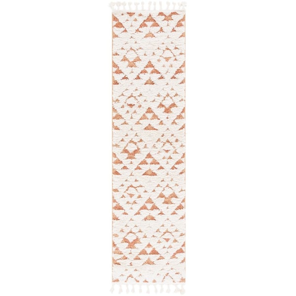 SAFAVIEH Moroccan Tassel Shag Ivory/Brick Rust 2 ft. x 12 ft. High-Low Geometric Fringe Runner Rug