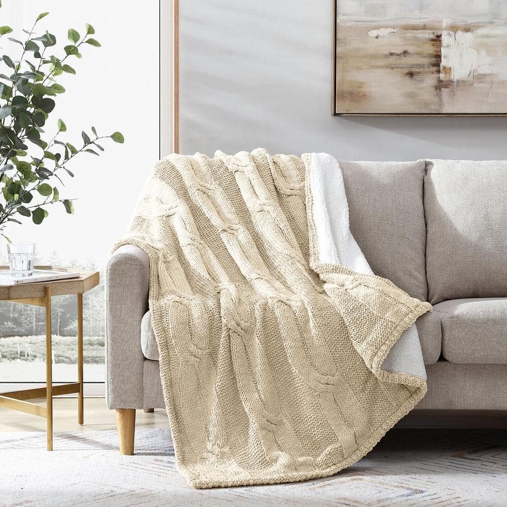 MODERN THREADS Modern Threads Natural Cable Knit/Sherpa Throw  5CBLSRPE-SWT-ST - The Home Depot
