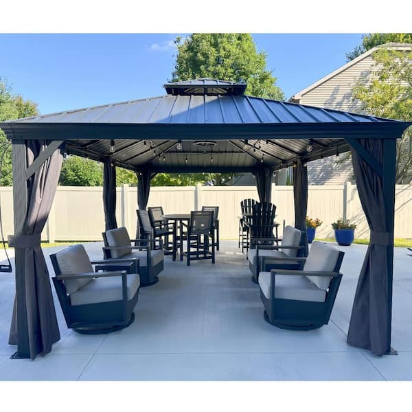 12 ft. x 28 ft. Gray Aluminum Power-Coated Frame Galvanized Steel Double Roof Hardtop Gazebo,Hooks, Netting,Gray Curtain