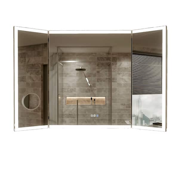 Hans 54 in. W x 36 in. H Rectangle Framed 3- Fold Wall Bathroom Vanity Mirror in Silver