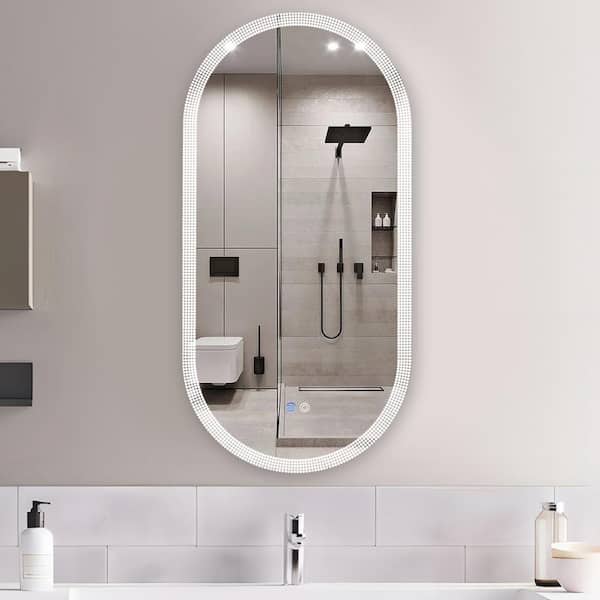 UPIKER Decor 18 in. W x 35 in. H Small Oval Frameless Memory LED Wall-Mounted Bathroom Vanity Mirror in Silver Mirror
