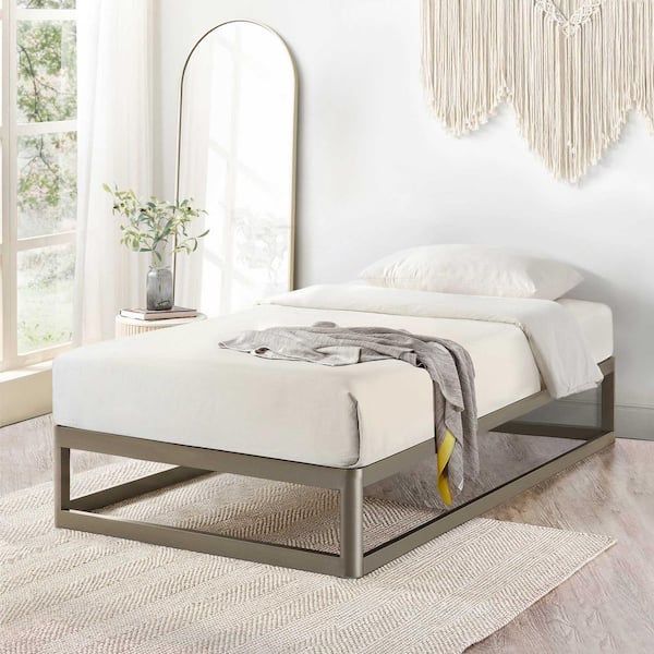 Ace of Base Round Metal Platform Bed with Heavy Duty Steel Slats, Champagne Gray, Twin