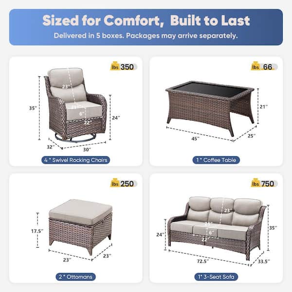 Moonluxe 8-Piece Brown Wicker Patio Conversation Set with Beige Olefin 6 In. Thick Cushions Patio Swivel Chairs