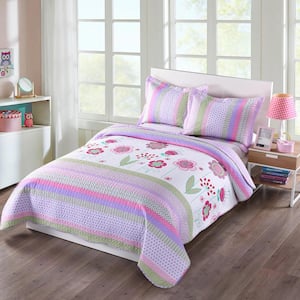 A14 Pink Floral Full Size Polyester Quilt Bedspread Set