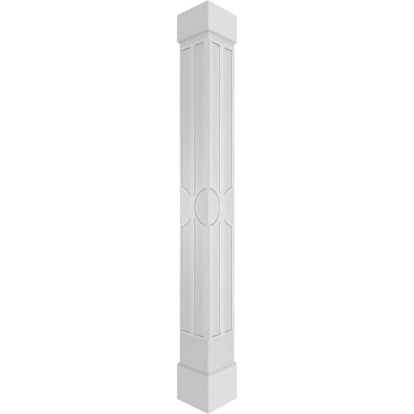 Ekena Millwork 7-5/8 in. x 10 ft. Premium Square Non-Tapered Nouveau Fretwork PVC Column Wrap Kit w/Standard Capital & Base