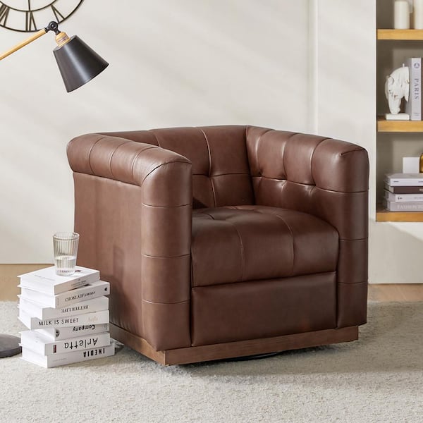 JAYDEN CREATION Gunther Brown Genuine Leather Swivel Club Chair with Wooden Apron