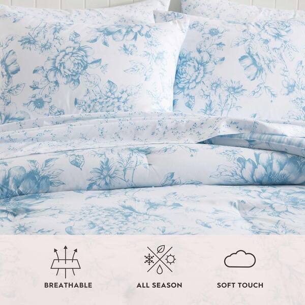 Laura Ashley Delphine 5-Piece Light Blue Microfiber Twin Bed in a
