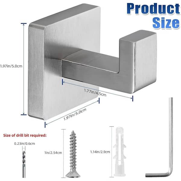 Modern Square Wall Mounted Hooks, Bathroom Towel Hooks Brushed Nickel, Heavy Duty Stainless Steel Hook