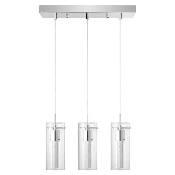 Edvivi 22-Watt 3-Light Chrome Finish Inner Seedy Cylinder Glass LED Linear Island Pendant Light with Clear Glass Shade