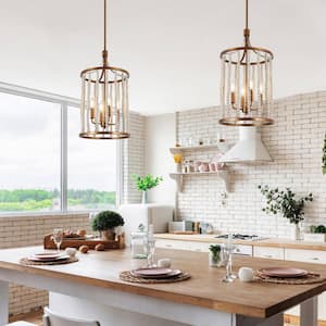 Farmhouse Kitchen Island Pendant Light, 4-Light Antique Gold Drum Lantern Chandelier with Distressed White Wood Beads