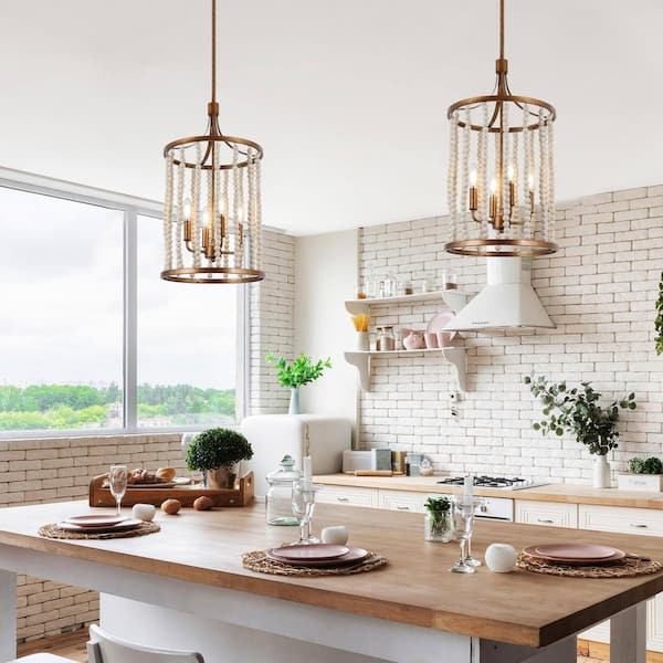 Farmhouse Kitchen Island Pendant Light, 4-Light Antique Gold Drum Lantern Chandelier with Distressed White Wood Beads