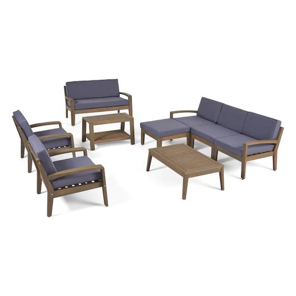Noble House Santa Rosa Grey 9-Piece Wood Outdoor Patio Conversation Sectional Seating Set with Dark Grey Cushions