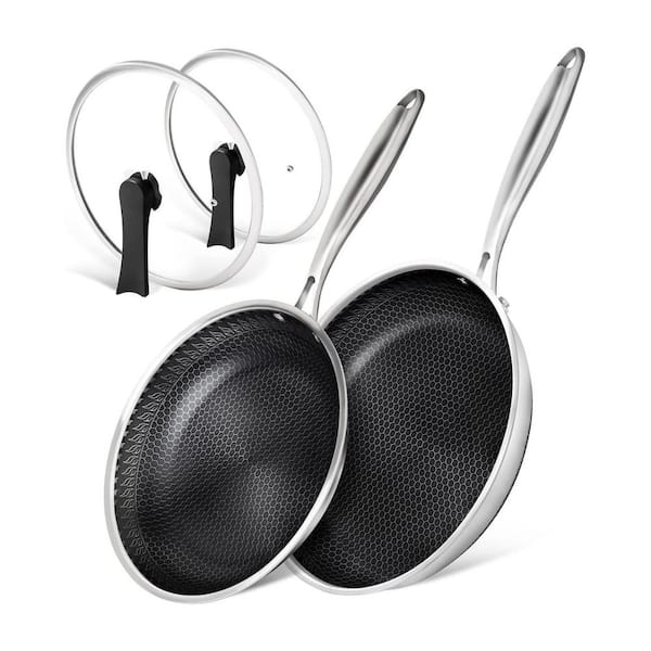 2-Piece Stainless Steel Nonstick Honeycomb Frying Pan Set with Lids Induction Compatible Scratch Resistant