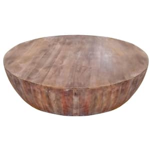 48 in. L Brown Hand carved Drum Shape Round Top Mango Wood Distressed Wooden Coffee Table