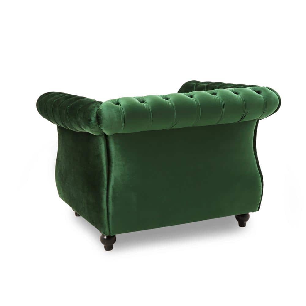 Emerald Velvet Chesterfield Accent Chair with Birch Wood Legs