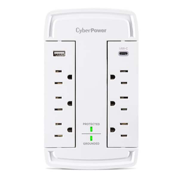 6-Outlet Wall Tap Surge Protector with USB-A and USB-C, 2400-Joule, White