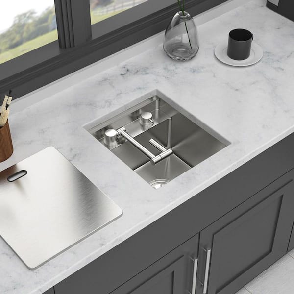 15 in. Undermount Single Bowl 16 Gauge Brushed Nickel Stainless Steel Kitchen Sink with Folding Faucet and Bottom Grids