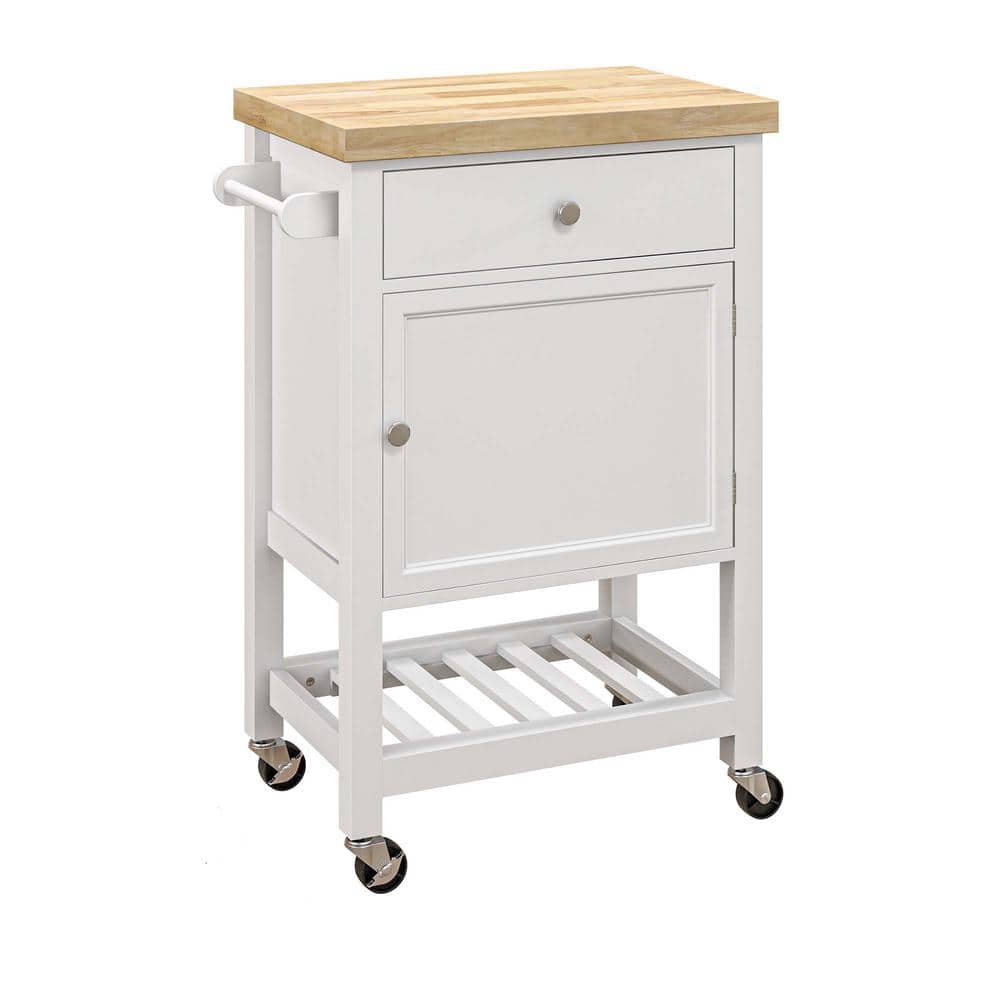 White Wood 25 in. Kitchen Island on Wheels with Smooth Rubberwood Top, Narr