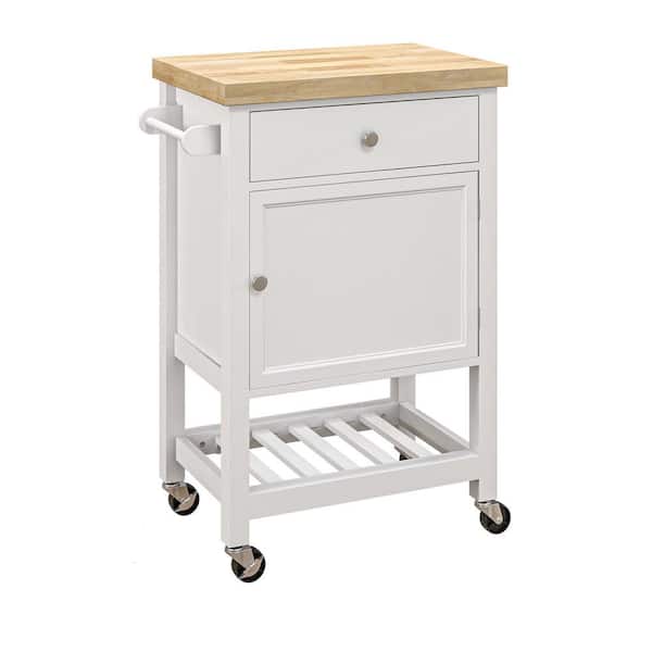 Unbranded White Wood 25 in. Kitchen Island on Wheels with Smooth Rubberwood Top, Narrow Butcher Block Surface