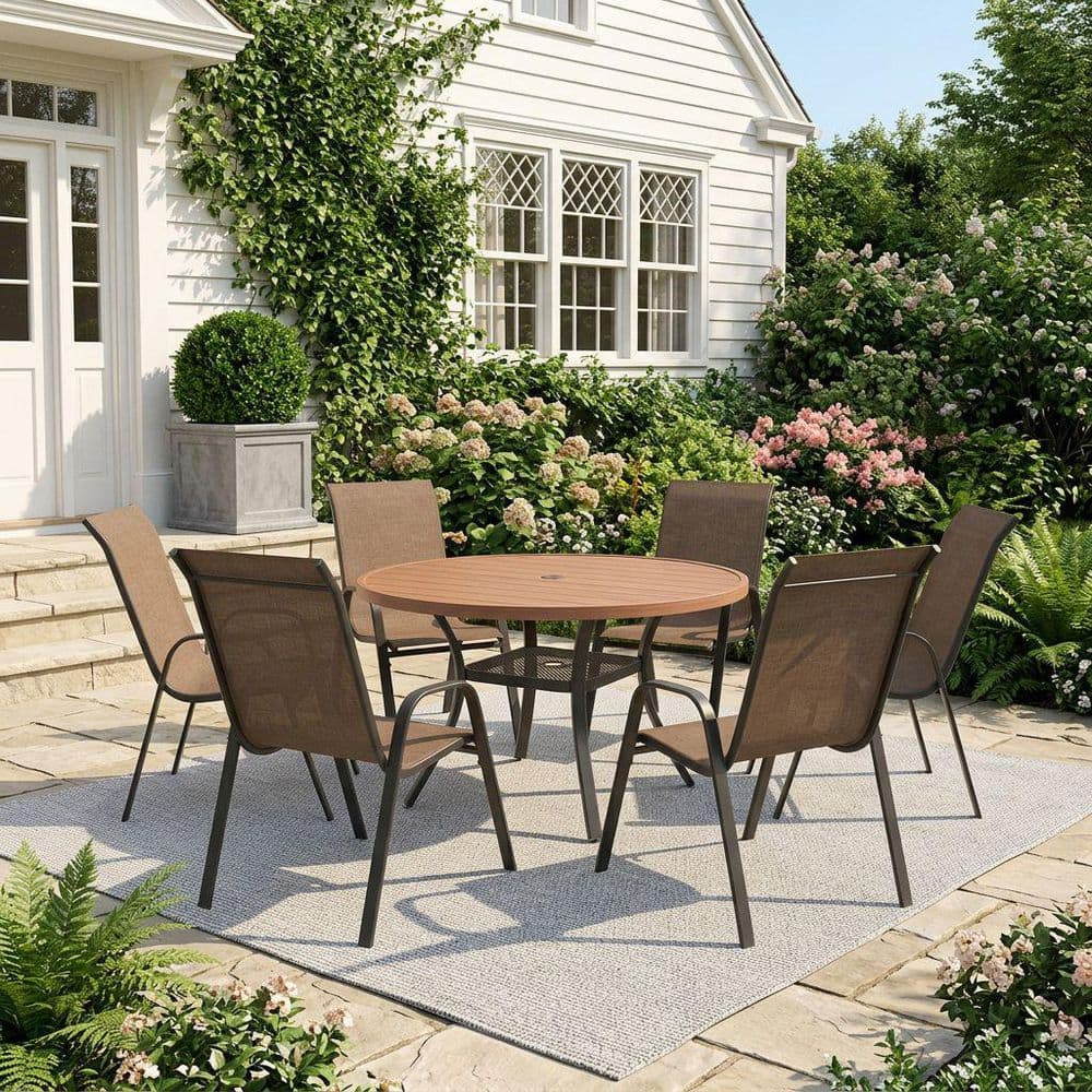 7-Piece Metal Outdoor Dining Set with 47.2 in. Walnut Round Patio Table and 6 Brown Stackable Textilene Chairs price history on PriceWatchPro