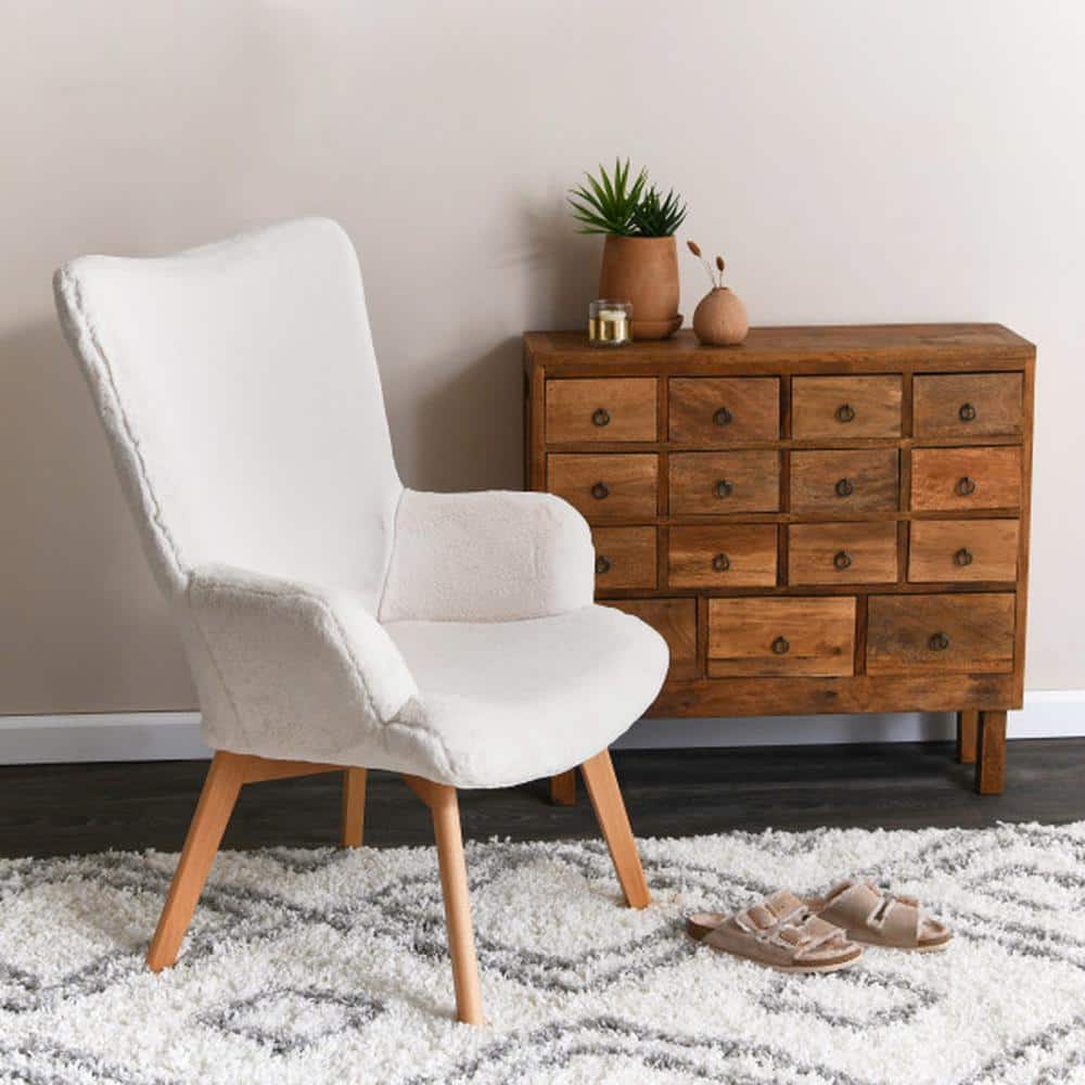 Chic Farmhouse Creamy White Wood Wingback Accent Chair