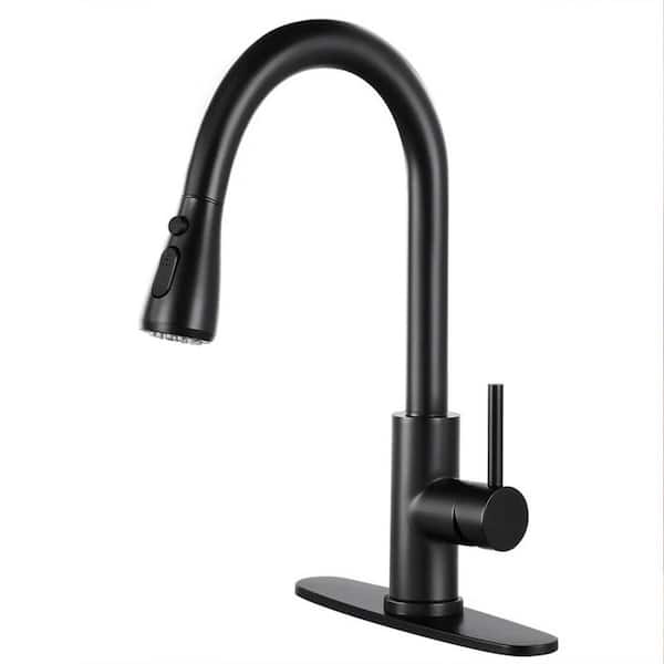 15.35 in. Single Handle Pull Out Sprayer Kitchen Faucet Commercial Kitchen Sink Faucets with Deck Plate in Matte Black