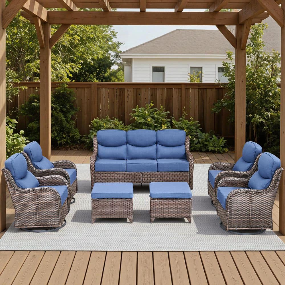 Arcadia Brown 7-Piece Wicker Patio Conversation Set with Swivel Gliders and 6-Inch Thick Olefin Navy Blue Cushions price history on PriceWatchPro