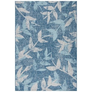 Courtyard Navy/Blue 9 ft. x 12 ft. Distressed Leaf Indoor/Outdoor Patio  Area Rug