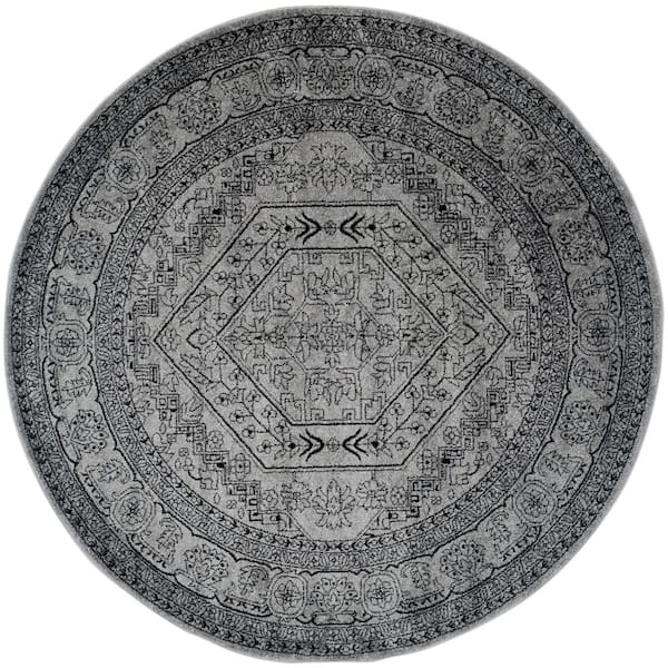 Adirondack Silver/Black 10 ft. x 10 ft. Round Medallion Border Area Rug