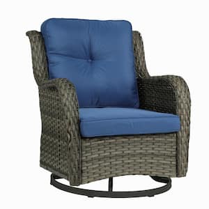 Wicker Rattan Taupe Patio Outdoor Rocking Chair Swivel with Royal Blue Cushions (Set of 1)