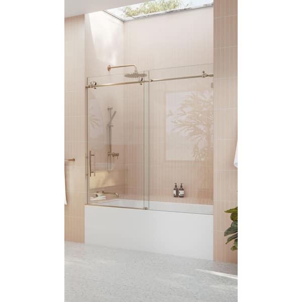 Eclipse 60 in. W x 60 in. H Sliding Frameless Bathtub Door in Brushed Bronze Finish with Clear Glass