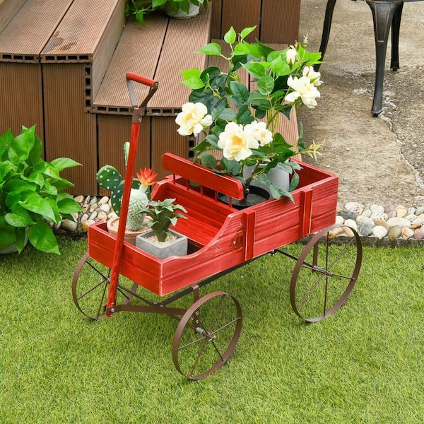 ANGELES HOME 24.5 in. L x 13.5 in. W x 24 in. H Red Solid Wood Wheelbarrow Planter Box