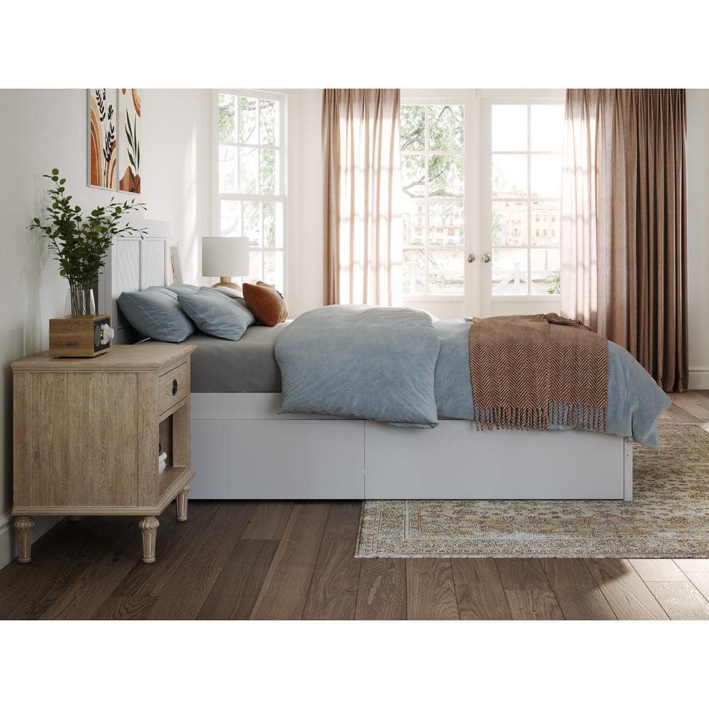 White Twin XL Wood Platform Bed with Chevron Headboard and Storage Drawers