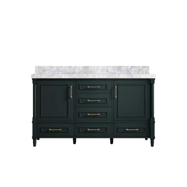 Willow Collections Hudson 60 in. W x 22 in. D x 36 in. H Single Sink Bath Vanity in Dark Green with 2 in Carrara Marble Top